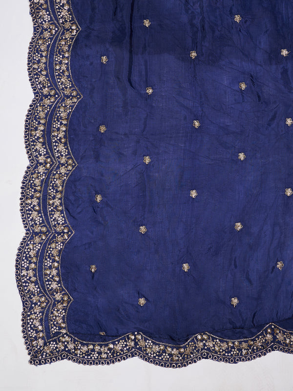 Blue Chinon Dupatta with Scalloped Embroidered Border & Sequin Motifs (Size: 2.5x1 m Approx)