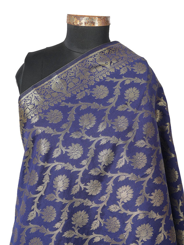 Dark Blue Banarasi Silk Dupatta with All-Over Woven Floral Motifs & Rich Zari Border (Size: 2.5x1 m Approx)