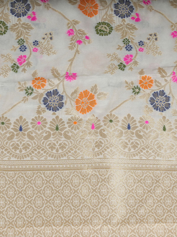 White Paithani Silk Dupatta with Multicolour Floral Zari Weave (Size: 2.5x1 m Approx)