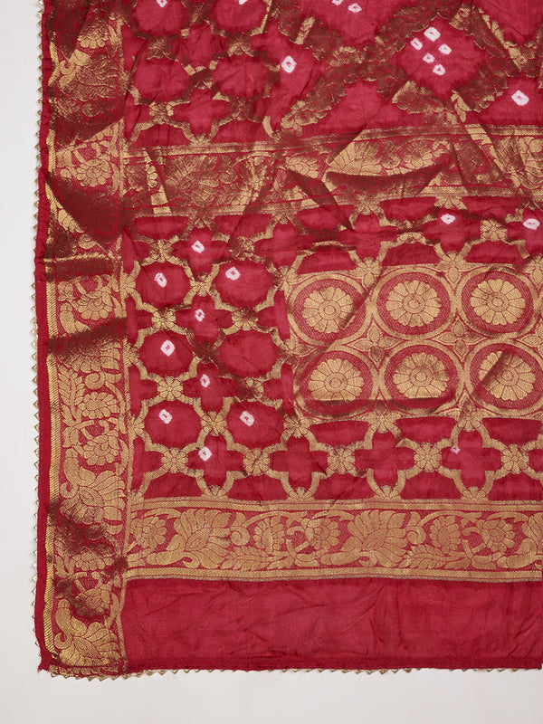 Red Silk Gharchola Bandhej Dupatta with Gold Zari Border (Size: 2.5x1 m Approx)