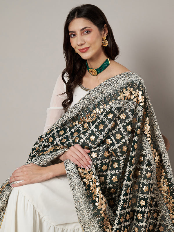 Black Georgette Dupatta with Gold Foil Booti & Lace Border (Size: 2.5x1 m Approx)