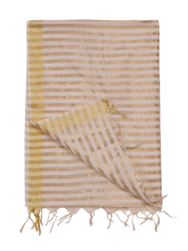 Grey & Gold Striped Cotton Silk Dupatta with Tassel Finish (Size: 2.5x1 m Approx)