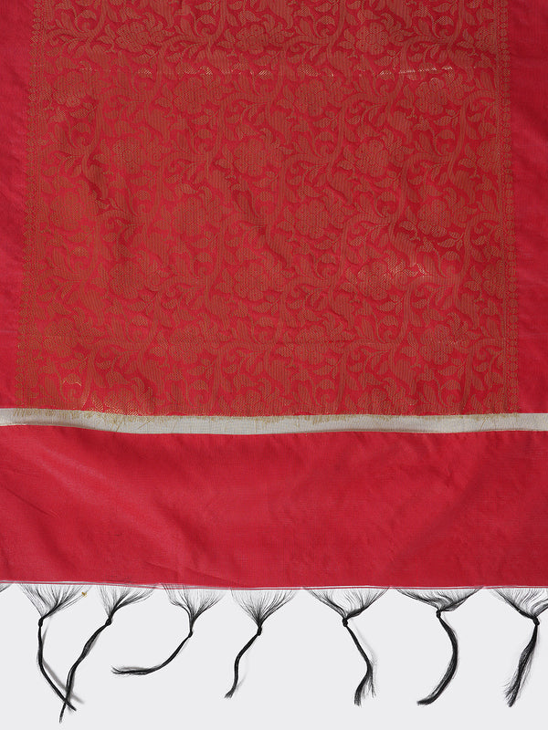 Orange Banarasi Silk Dupatta with Intricate Woven Zari Motifs & Classic Border (Size: 2.5x1 m Approx)