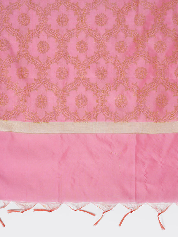 Pink Banarasi Silk Dupatta with Elegant Woven Floral Jaal (Size: 2.5x1 m Approx)