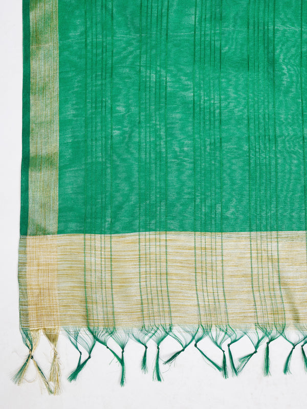 Green Chanderi Silk Dupatta with Gold Border & Tassels (Size: 2.5x1 m Approx)