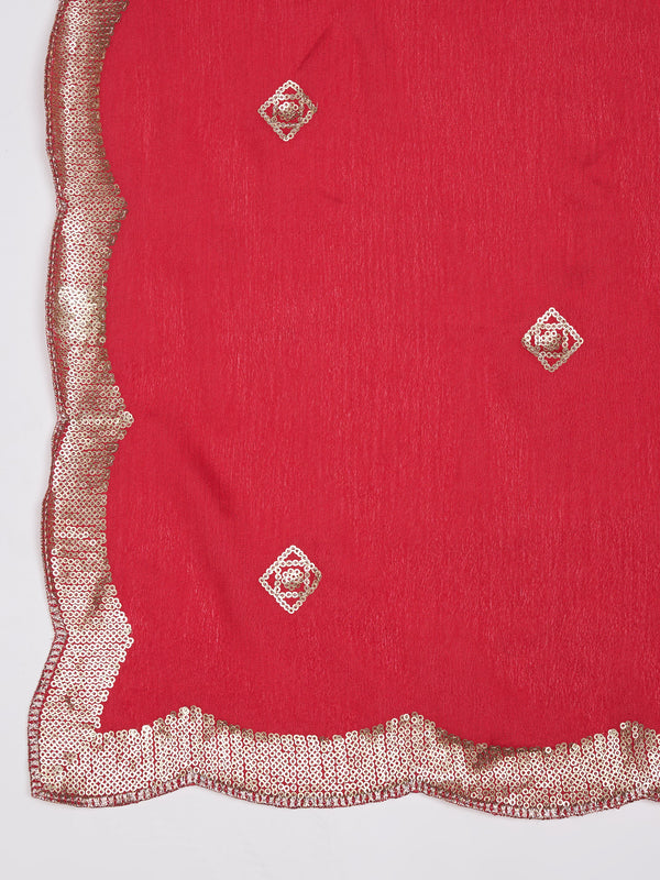 Red Chiffon Dupatta with Gold Motif Embellishment & Scalloped Border (Size: 2.5x1 m Approx)