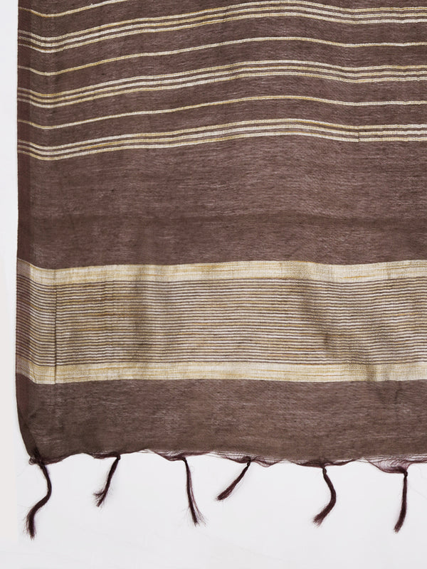 Brown & Olive Cotton Dupatta with Subtle Striped Weave and Woven Border (Size: 2.5x1 m Approx)