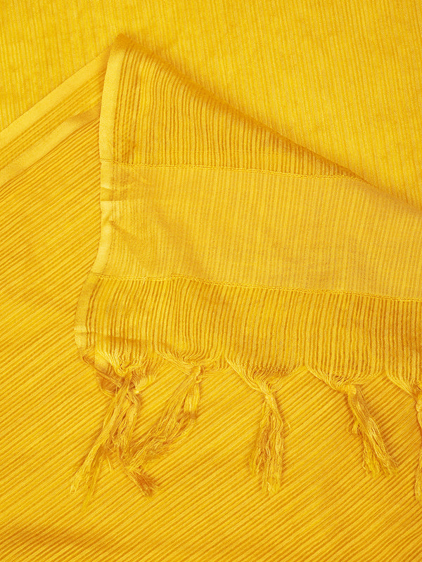 Elegant Yellow Cotton Dupatta with Subtle Woven Stripes & Tassel Detailing (Size: 2.5x1 m Approx)
