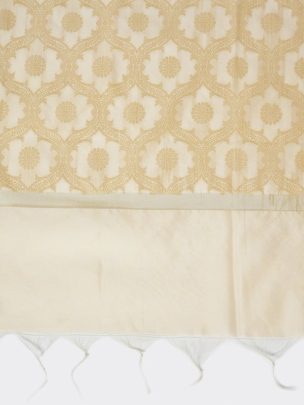 Ivory Gold Banarasi Silk Dupatta with Elegant Woven Floral Jaal (Size: 2.5x1 m Approx)