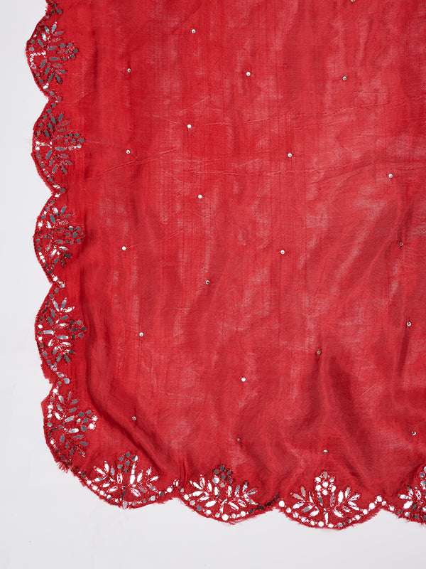 Red Silk Dupatta with Scalloped Cutwork Border & Sequin Highlights (Size: 2.5x1 m Approx)