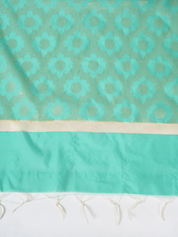 Teal Banarasi Silk Dupatta with Elegant Woven Floral Jaal (Size: 2.5x1 m Approx)