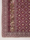 Maroon Georgette Dupatta with Gold Foil Booti & Lace Border (Size: 2.5x1 m Approx)