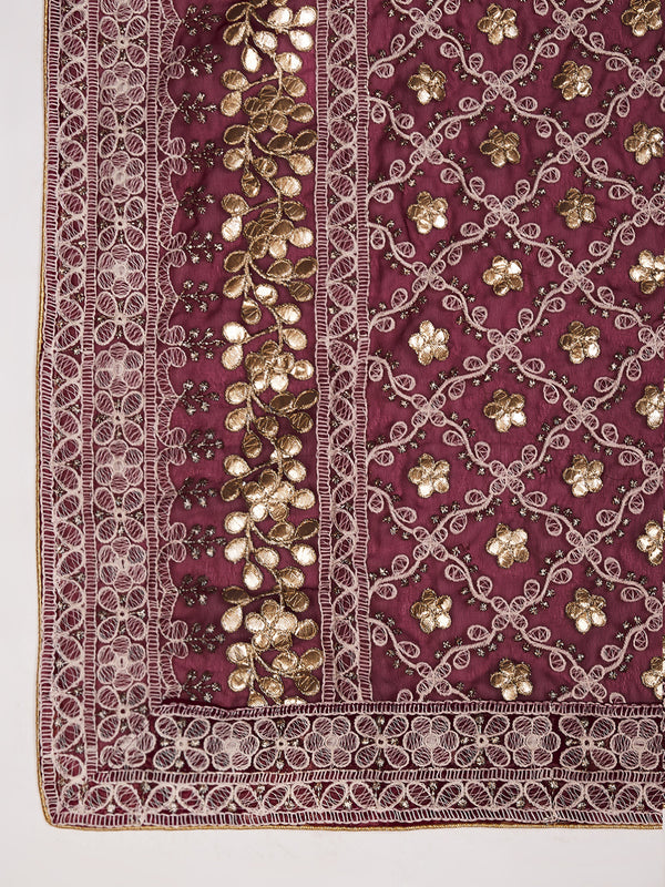 Maroon Georgette Dupatta with Gold Foil Booti & Lace Border (Size: 2.5x1 m Approx)