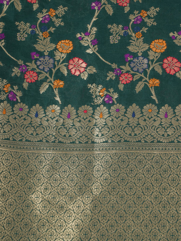 Bottle Green Paithani Silk Dupatta with Multicolour Floral Zari Weave (Size: 2.5x1 m Approx)