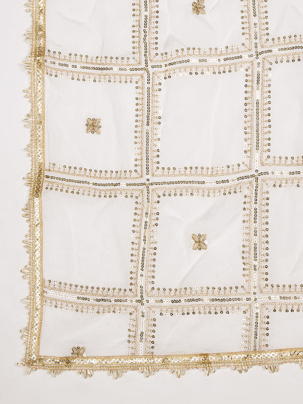 Ivory Chinon Dupatta with Gold Grid Embellishment (Size: 2.5x1 m Approx)