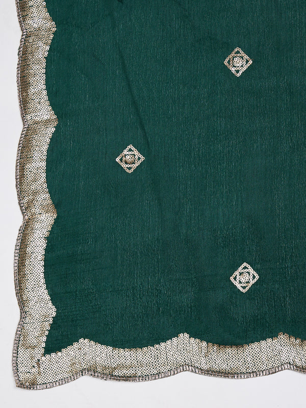 Bottle Green Chiffon Dupatta with Gold Motif Embellishment & Scalloped Border (Size: 2.5x1 m Approx)