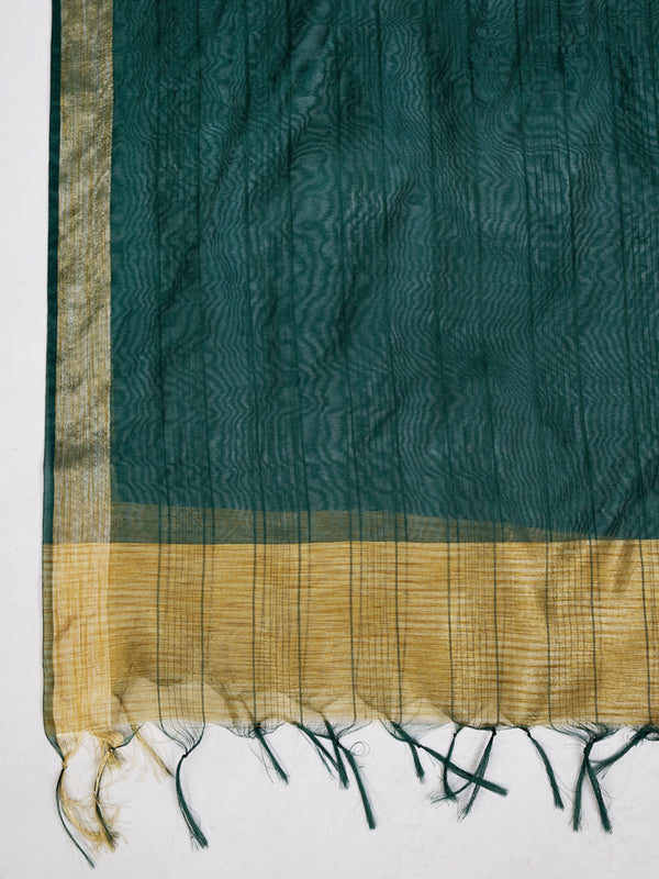 Bottle Green Chanderi Silk Dupatta with Gold Border & Tassels (Size: 2.5x1 m Approx)