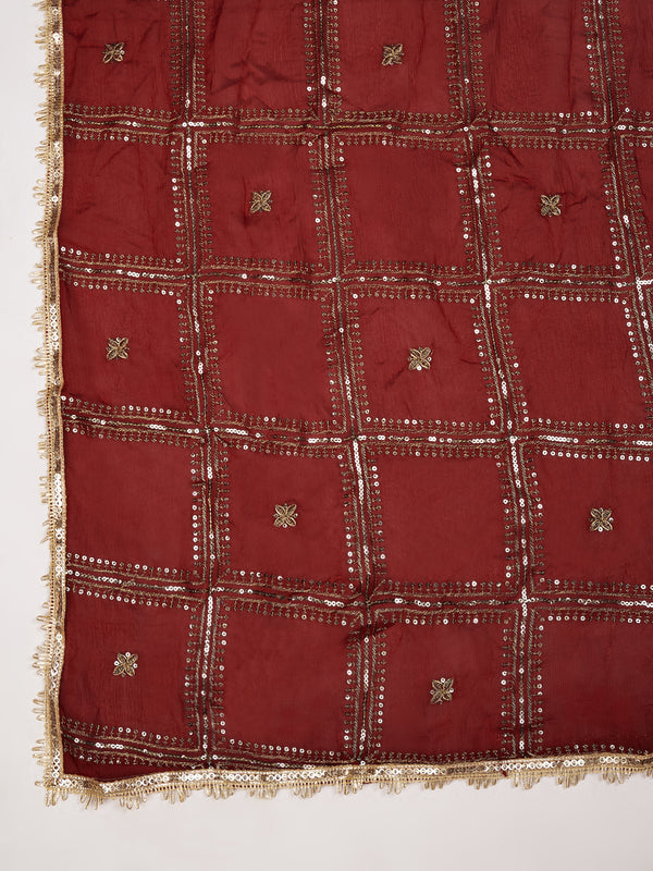 Maroon Chinon Dupatta with Gold Grid Embellishment (Size: 2.5x1 m Approx)