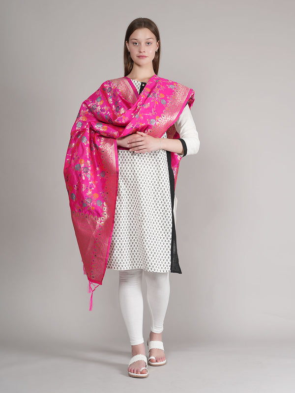 Rani Paithani Silk Dupatta with Multicolour Floral Zari Weave (Size: 2.5x1 m Approx)