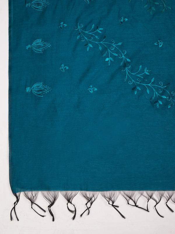 Blue Chanderi Cotton Dupatta with Subtle Floral Embroidery (Size: 2.5x1 m Approx)