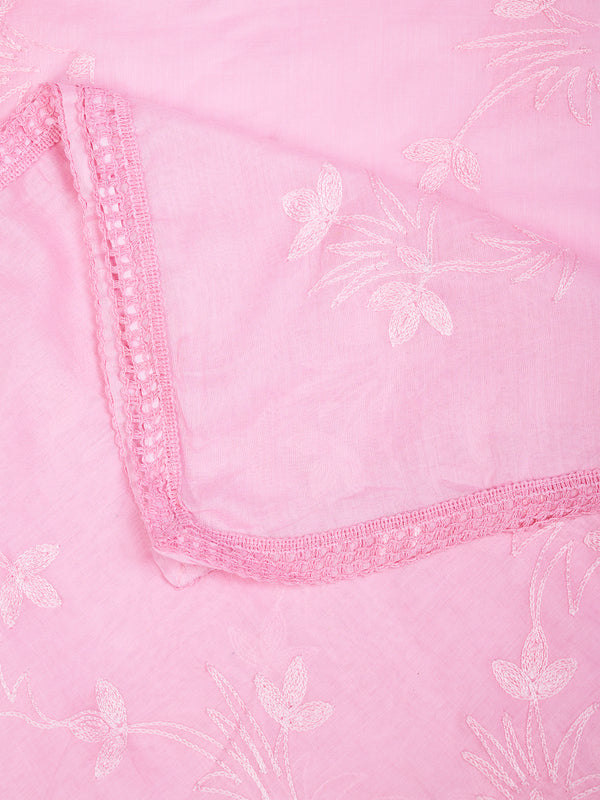 Soft Pink Ombre Dupatta with Cotton Thread Floral Embroidery & Lace Border (Size: 2.5x1 m Approx)