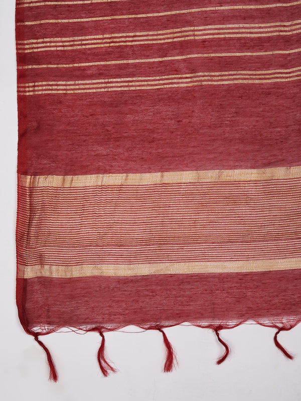 Red & Olive Cotton Dupatta with Subtle Striped Weave and Woven Border (Size: 2.5x1 m Approx)