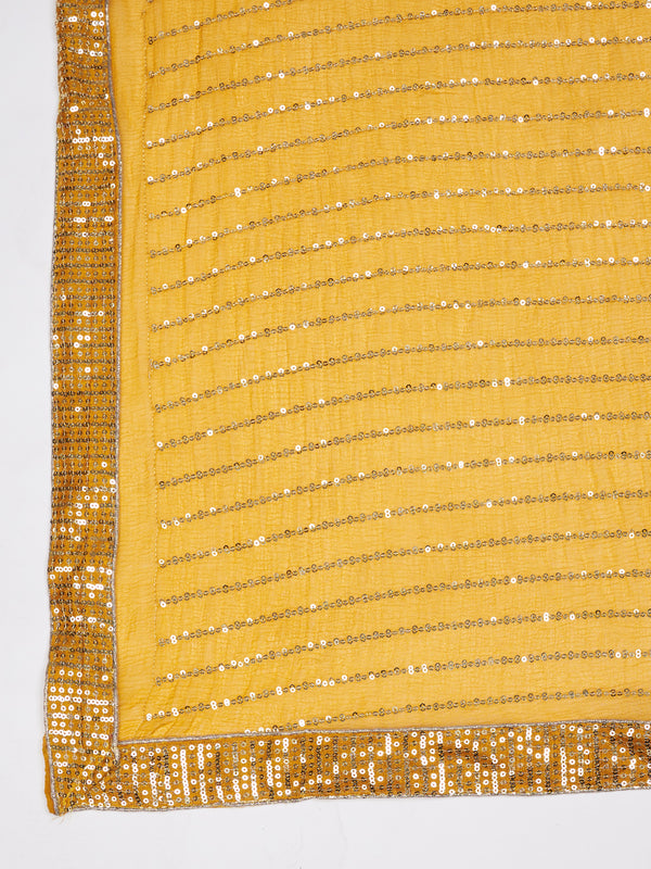Yellow Chinon Dupatta with Gold Stripe Sequin Work & Gota Border (Size: 2.5x1 m Approx)