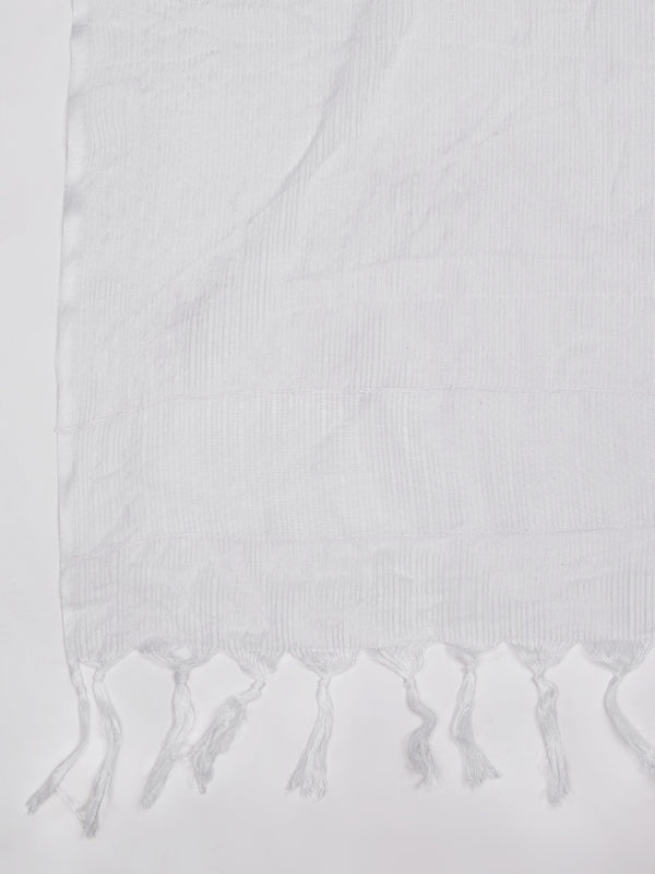 Elegant White Cotton Dupatta with Subtle Woven Stripes & Tassel Detailing (Size: 2.5x1 m Approx)