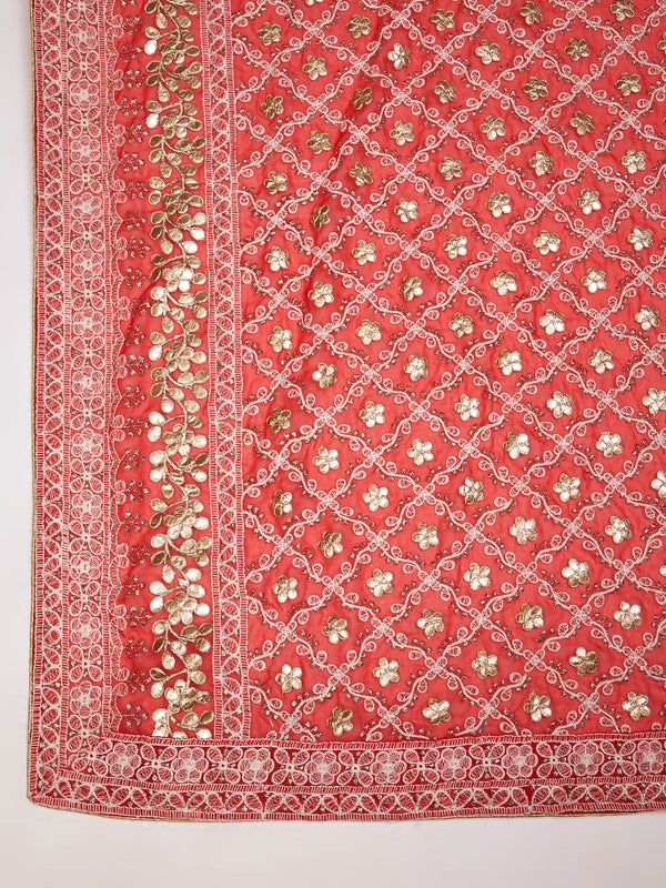 Red Georgette Dupatta with Gold Foil Booti & Lace Border (Size: 2.5x1 m Approx)