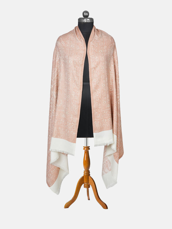 White Jamawar Wool Blend Women Shawl with Intricate Paisley Weave – 80×40 Inches