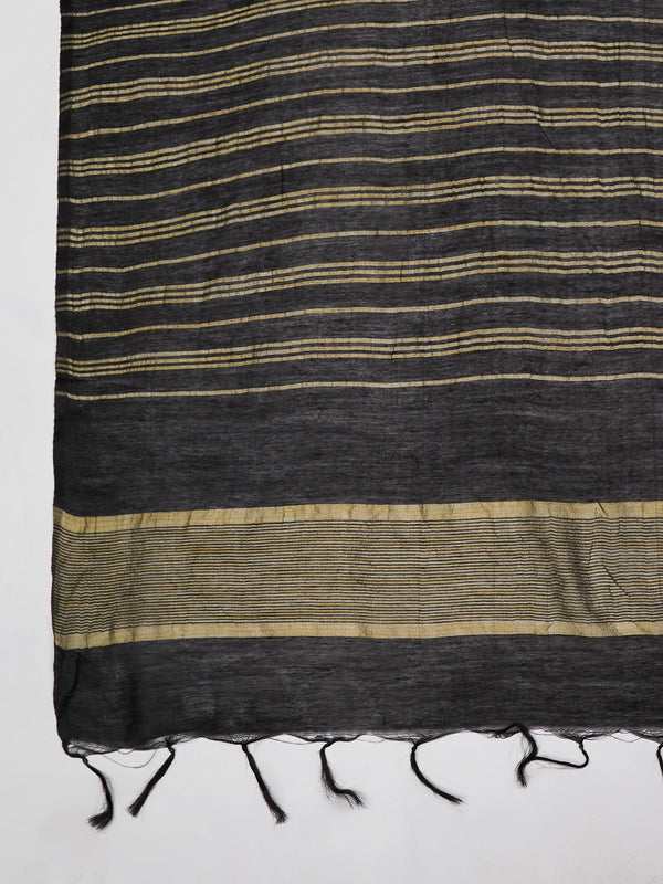 Black & Olive Cotton Dupatta with Subtle Striped Weave and Woven Border (Size: 2.5x1 m Approx)
