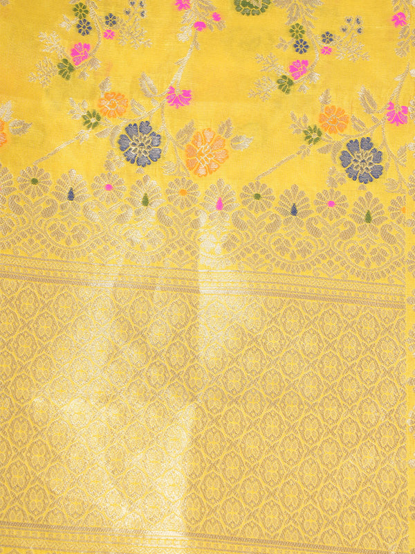 Yellow Paithani Silk Dupatta with Multicolour Floral Zari Weave (Size: 2.5x1 m Approx)