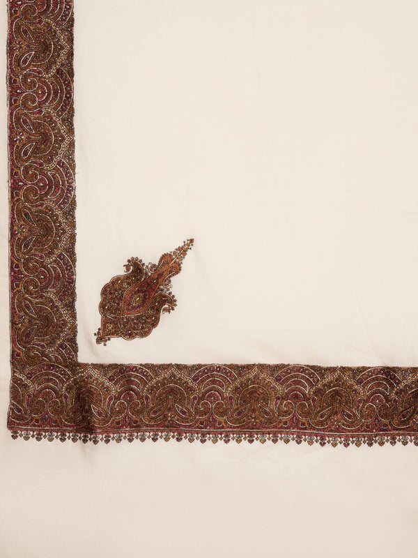 Elegant White Woolen Women Shawl with Embroidered Border – Ethnic Wrap (80 x 40 Inches)