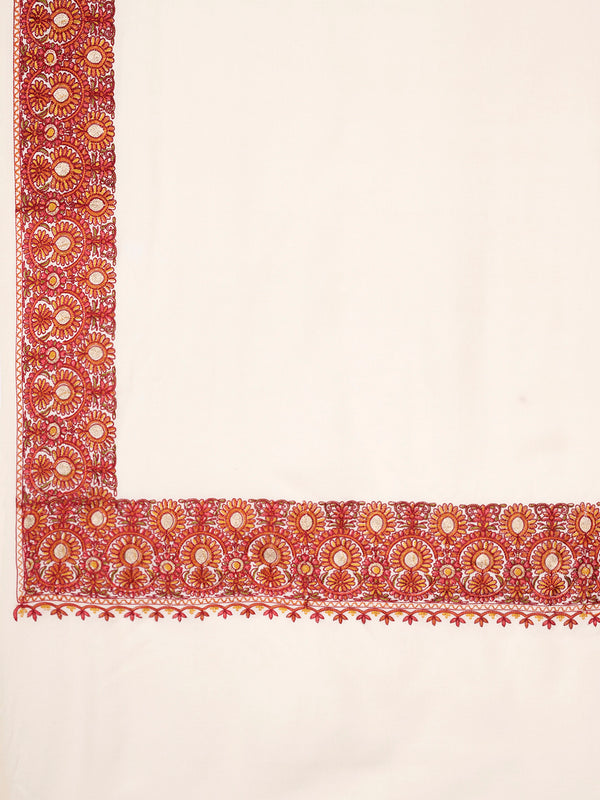 White Woolen Women Shawl with Traditional Embroidered Border (80 x 40 Inches)