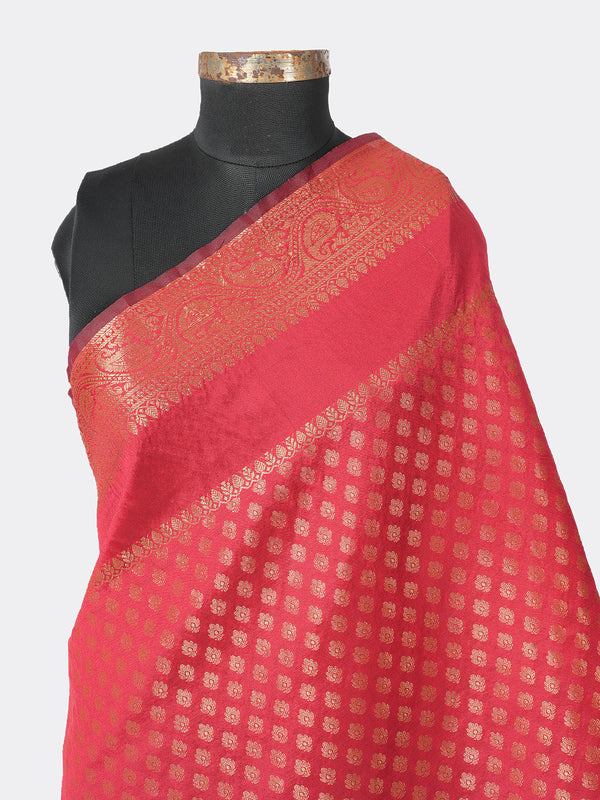 Deep Red Banarasi Silk Dupatta with Woven Gold Zari Butti & Ornate Border (Size: 2.5x1 m Approx)