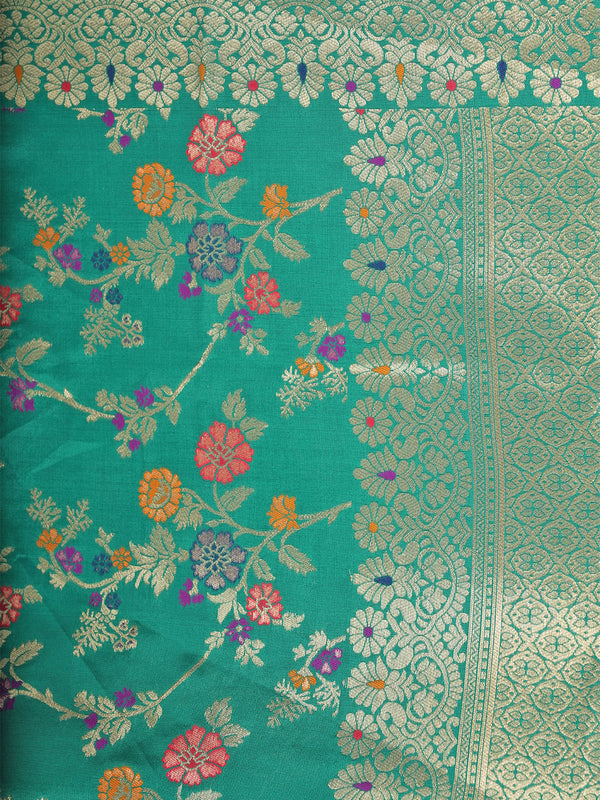 Emerald Green Paithani Silk Dupatta with Multicolour Floral Zari Weave (Size: 2.5x1 m Approx)