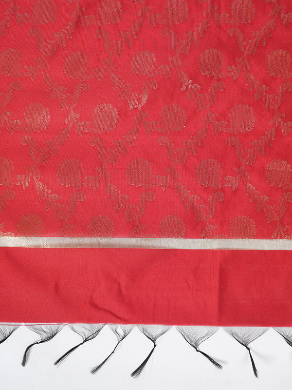 Maroon Banarasi Silk Dupatta with All-Over Woven Floral Motifs & Rich Zari Border (Size: 2.5x1 m Approx)