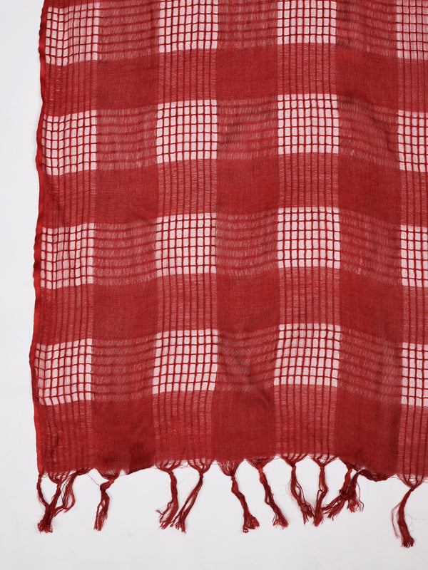 Red Cotton Woven Check Dupatta with Tassel Detailing (Size: 2.5x1 m Approx)