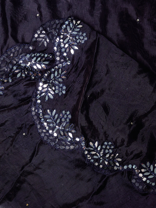 Blue Silk Dupatta with Scalloped Cutwork Border & Sequin Highlights (Size: 2.5x1 m Approx)