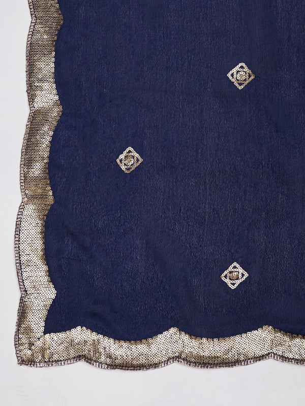 Blue Chiffon Dupatta with Gold Motif Embellishment & Scalloped Border (Size: 2.5x1 m Approx)
