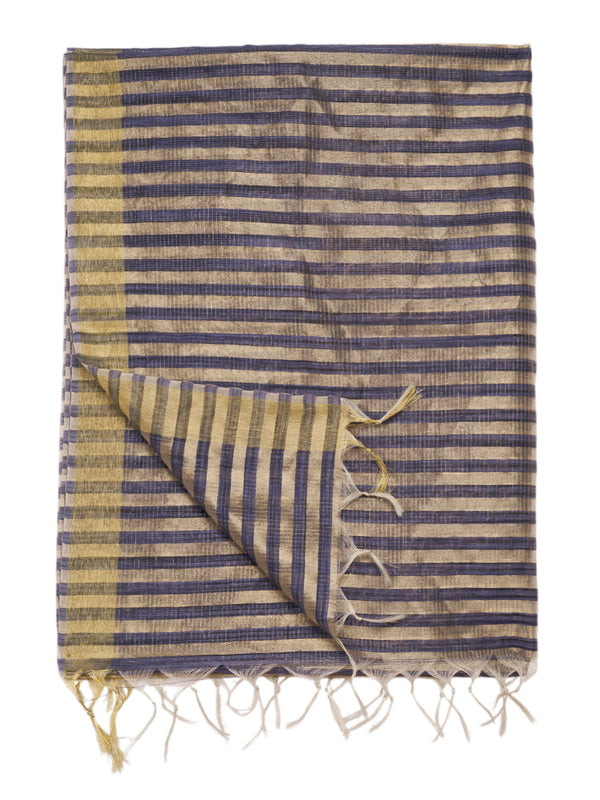 Blue & Ivory Striped Cotton Silk Dupatta with Tassel Finish (Size: 2.5x1 m Approx)