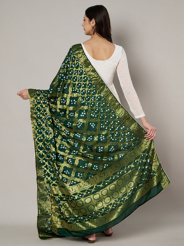 Green Silk Gharchola Bandhej Dupatta with Gold Zari Border (Size: 2.5x1 m Approx)