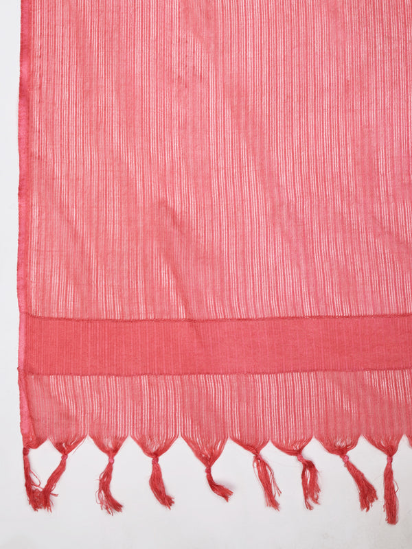 Elegant Peach Cotton Dupatta with Subtle Woven Stripes & Tassel Detailing (Size: 2.5x1 m Approx)