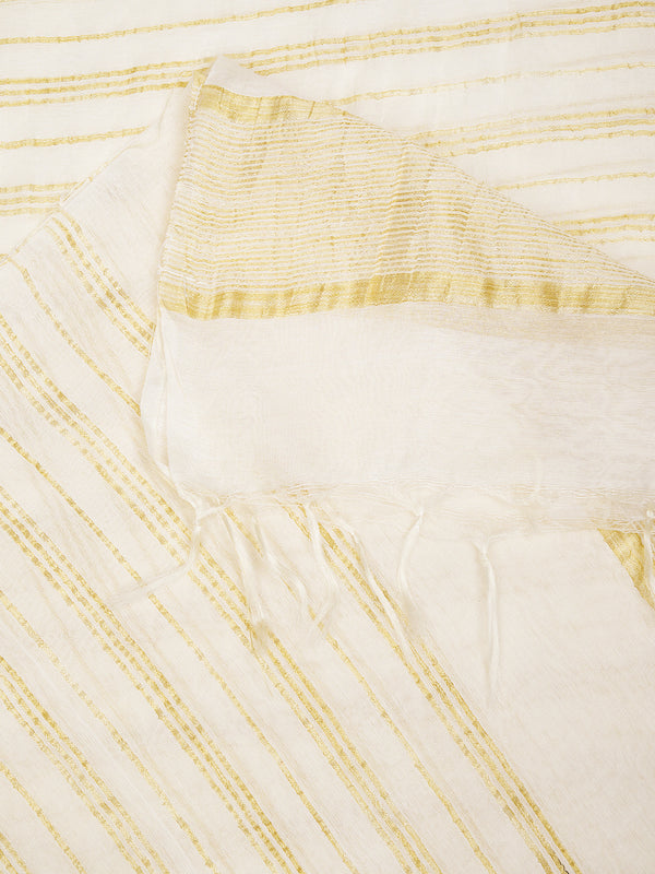 White & Olive Cotton Dupatta with Subtle Striped Weave and Woven Border (Size: 2.5x1 m Approx)