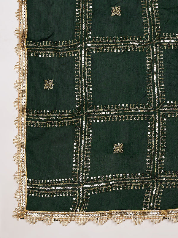 Bottle Green Chinon Dupatta with Gold Grid Embellishment (Size: 2.5x1 m Approx)