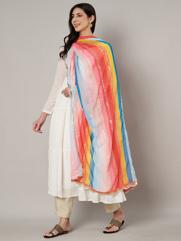 Multicolour Striped Georgette Dupatta with Gota Lace Border (Size: 2.5x1 m Approx)