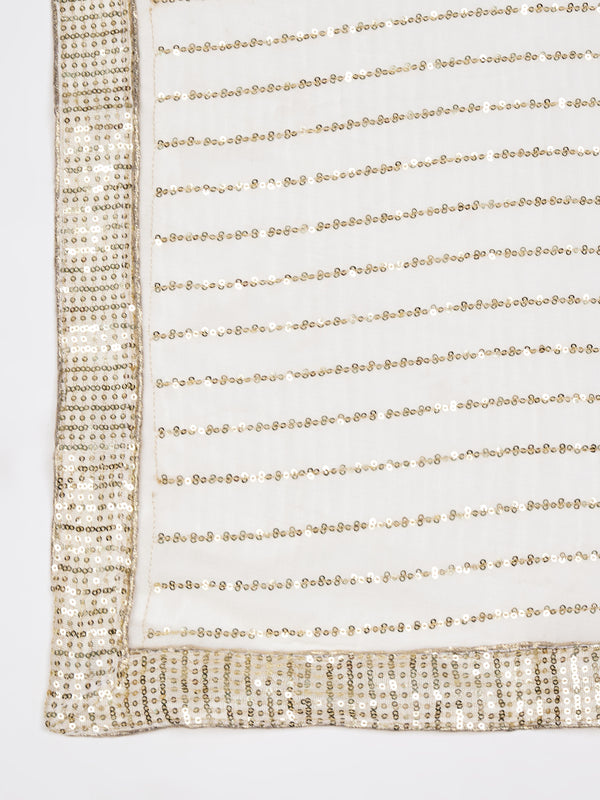 Ivory Chinon Dupatta with Gold Stripe Sequin Work & Gota Border (Size: 2.5x1 m Approx)