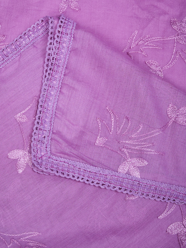 Soft Purple Dupatta with Cotton Thread Floral Embroidery & Lace Border (Size: 2.5x1 m Approx)