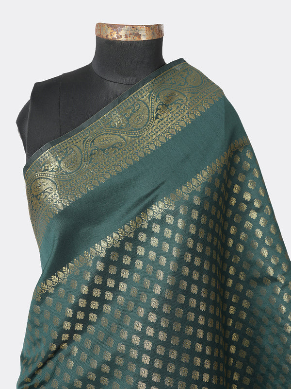 Bottle Green Banarasi Silk Dupatta with Woven Gold Zari Butti & Ornate Border (Size: 2.5x1 m Approx)