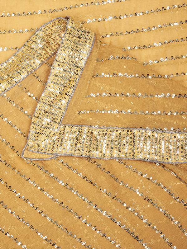 Gold Chinon Dupatta with Gold Stripe Sequin Work & Gota Border (Size: 2.5x1 m Approx)